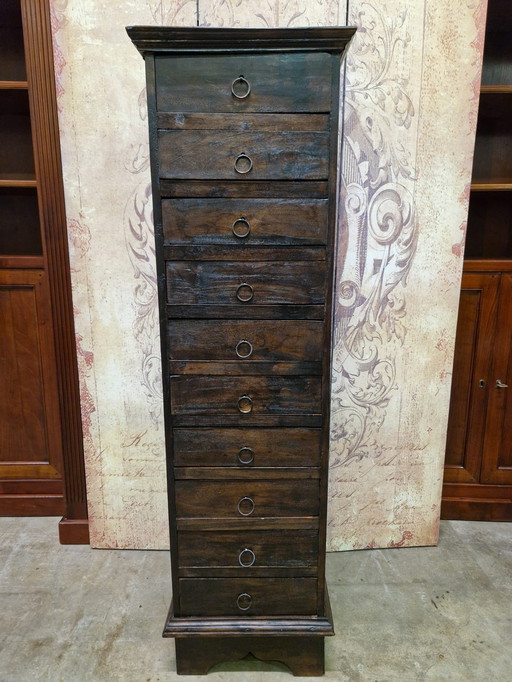 Old teak chest of drawers, apothecary cupboard, filing cabinet dim. 40x45cm and 136cm high.
