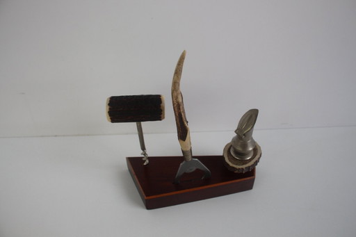 Vintage antler set, corkscrew, bottle opener, funnel, 1960s. 