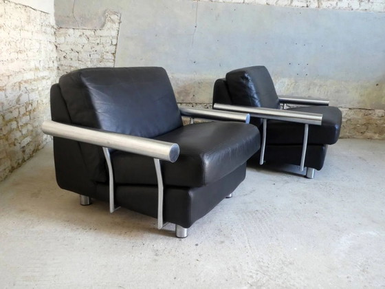 pair of armchairs, black leather & stainless steel, 1990 – Vintage (photo 5 of 14)