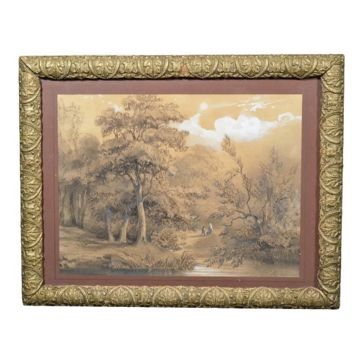 Franz Joseph Manskirch (1768–1830) zugeschrieben Romantische Kohle- und Bleistiftzeichnung — Paar im Wald, 19. Jahrhundert