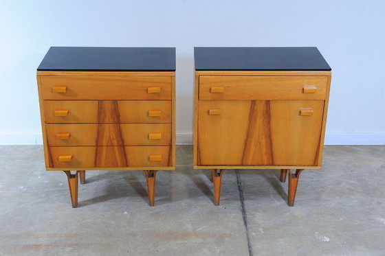 Image 1 of Mid Century Nightstands Ash Veneer & Black Glass František Mezulánik Nový Domov 1970s Czechoslovakia