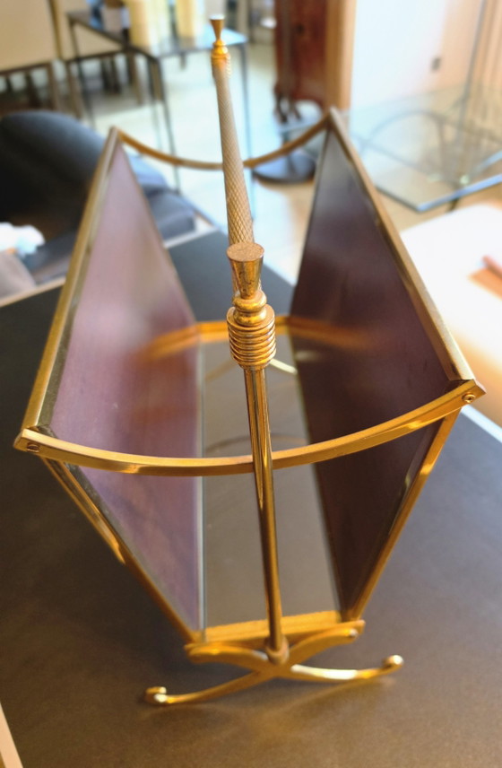 Vintage 1940s Magazine Rack Attributed to Maison Jansen – Brass, Wood (photo 4 of 9)