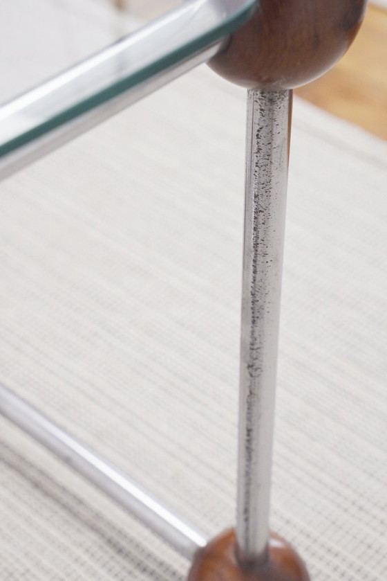 Image 1 of  Atomic MCM Side Table Vintage 1970s Mid Century Modern Space Age Chrome Glass Wood Sphere Joints Molecular Coffee Table 