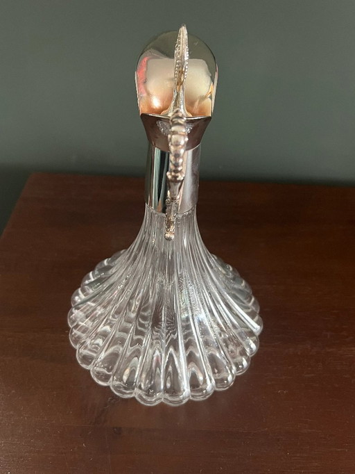 Mouth-blown carafe/decanter with silver-plated spout and handle ca. 1930