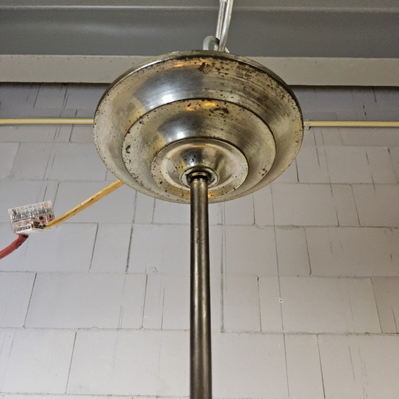 Image 1 of Suspension Art Déco ancienne en verre opalin marbré ambré