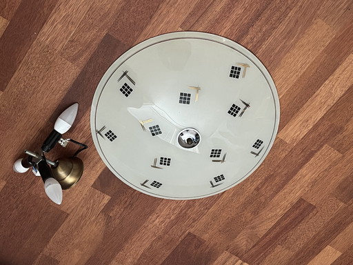 Retro Art Deco-Style Ceiling Lamp Frosted Glass Black and Gold