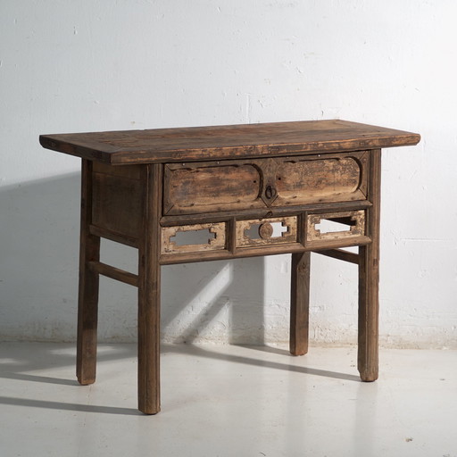 Antieke Chinese console tafel met geometrisch opengewerk – China, circa 1900