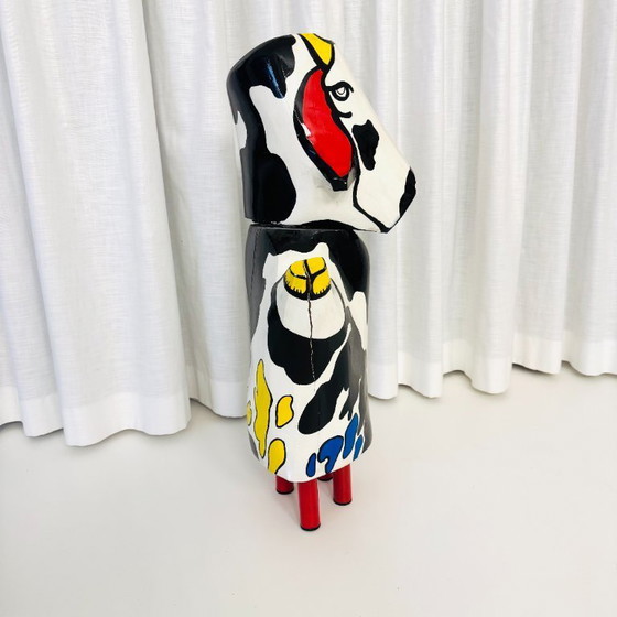 Image 1 of Laitière - grande sculpture en bois polychrome, signée majé