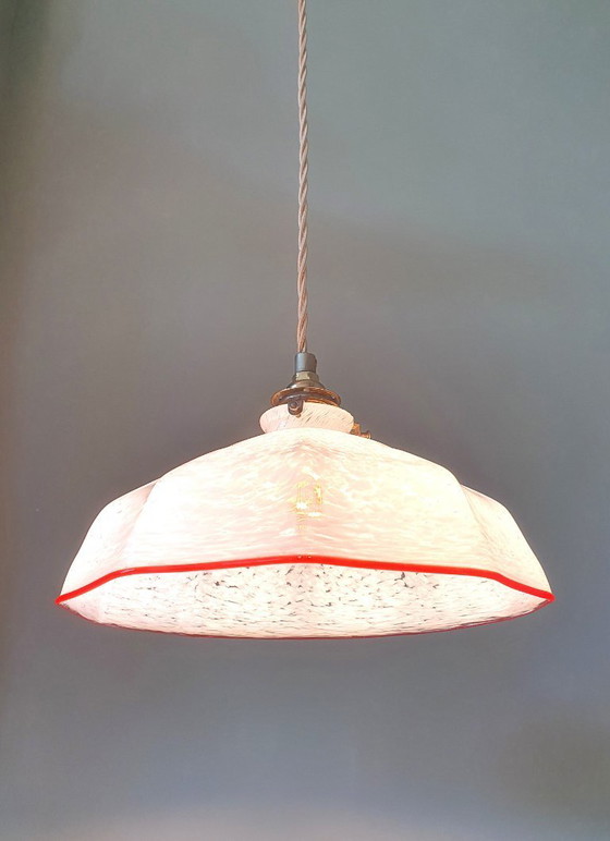 Image 1 of lampada a sospensione esagonale vintage - vetro opalino - paralume bianco marmorizzato