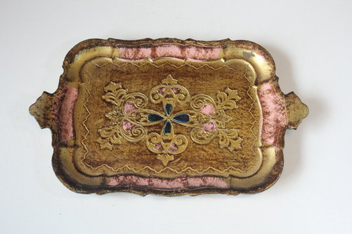 Piccolo vassoio fiorentino, legno, oro/rosa con accenti blu - vintage