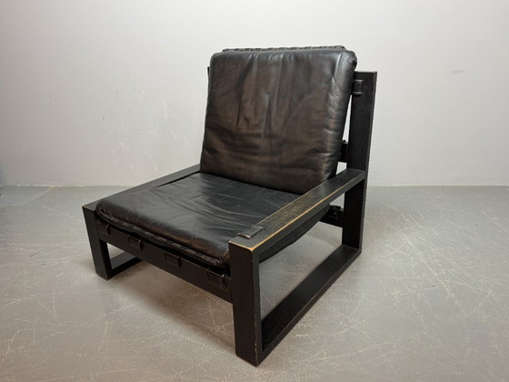 Image 1 of Beautiful Mid-Century Set of 2 Black Leather Brutalist Lounge Chairs, Designed by Sonja Wasseur (Amsterdam). 1970s.