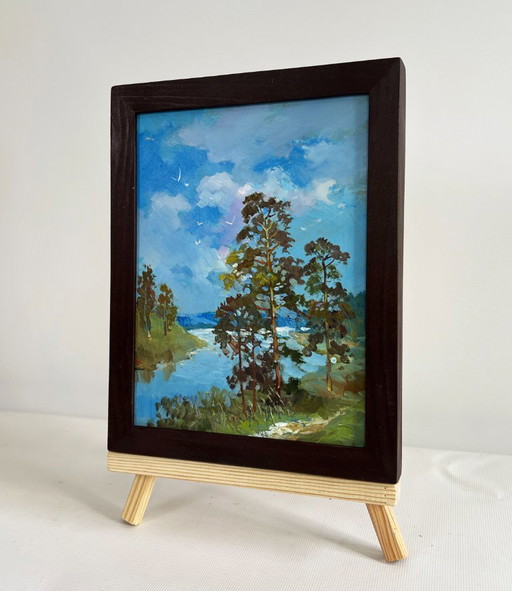 Original Oil Painting Summer River Landscape Warm summer day by the river