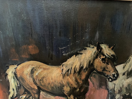 Image 1 of Vintage oliedruk op doek - Heinrich Faust - paarden - jaren ‘60-‘70