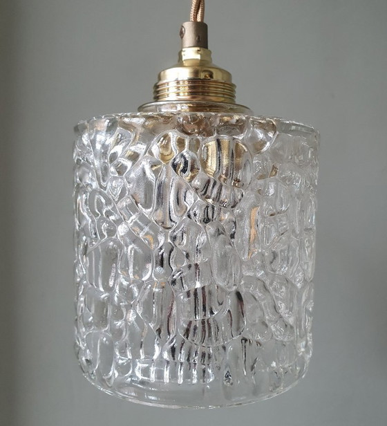 Image 1 of Ensemble de deux suspensions vintage en verre épais texturé. Style milieu du siècle.