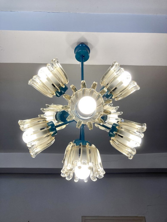 Image 1 of Large 9-light chandelier in molded glass and turquoise metal, Leclaire & Schäfer – 1960s