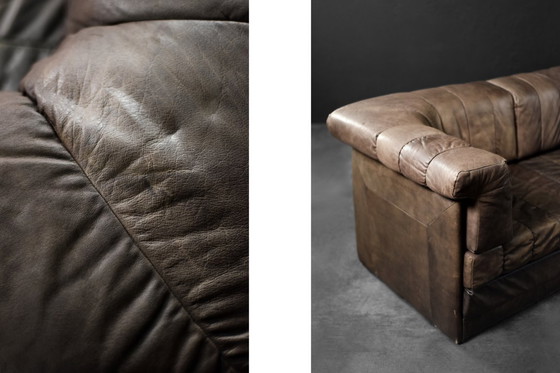 Image 1 of Vintage Mid-Century Modern German Brutalist 2-Seater Brown Leather Bed Sofa, 1970s