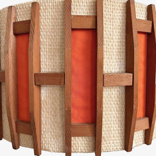 Lampe suspendue vintage scandinave rétro jute teck orange 1970