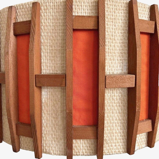 Image 1 of Vintage Scandinavische hanglamp retro jute teak oranje 1970's