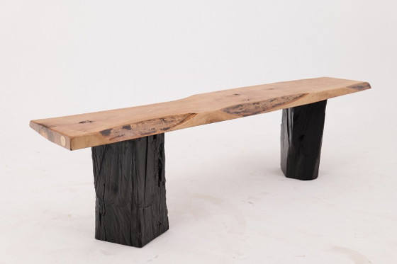 Image 1 of Live Edge Solid Wood Bench with Charred Legs, Organic Modern by Logniture