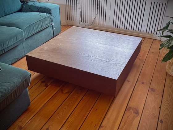 Beautiful solid wood coffee table, Floating block design in brutalist style (100 x 100 cm), Metal, Brown (photo 3 of 8)