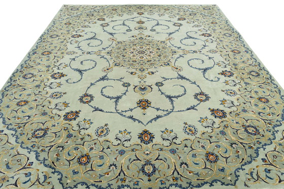 Image 1 of Hand-knotted Keshan Rug In Pistachio Green - 424 X 319 Cm