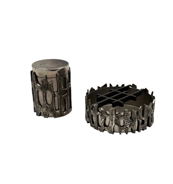 Image 1 of Brutalist top smoking set, ashtray and cigars box, Morbelli Italy 1970