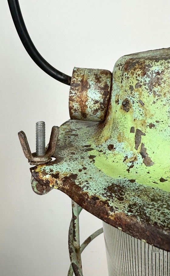 Image 1 of Green Industrial Soviet Bunker Pendant Light with Iron Grid, 1960s