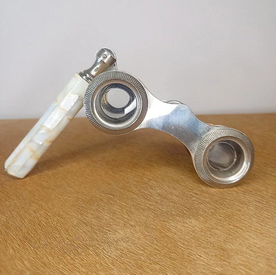 Image 1 of Vintage theatre glasses (opera glasses), made of metal and finished with mother-of-pearl (nacre) shell inlay.