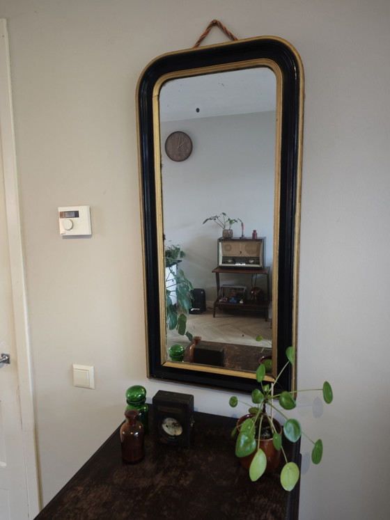 Antique black and gold wall mirror from approx. 1880, Glass, Wood (photo 2 of 15)