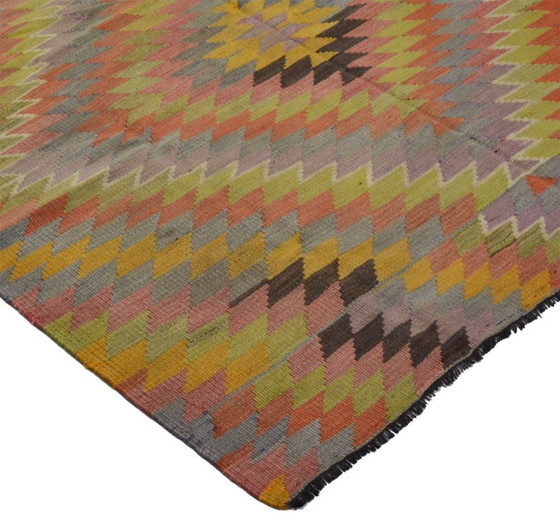 Tappeto Kilim Usak anatolico vintage 294x163 cm – Tessuto a mano in lana con motivo a zigzag colorato (photo 7 of 10)