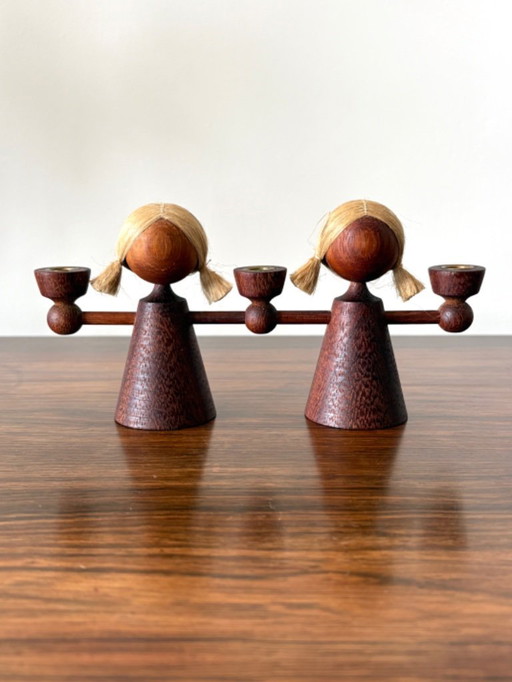 Retro teak candlestick/candle holder girl statue 60s