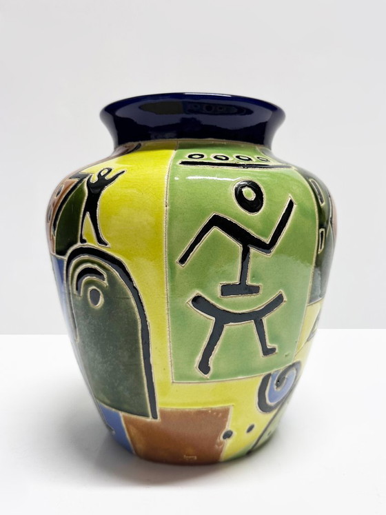 Glazed ceramic vase with African-inspired decoration, France, 1980s (photo 3 of 10)