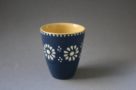 Image 1 of Vintage stoneware drinking cups, blue with white flowers, 6 pieces