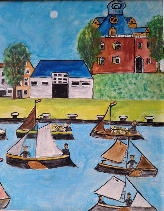 Image 1 of painting, sailboats, naive art, bright colors