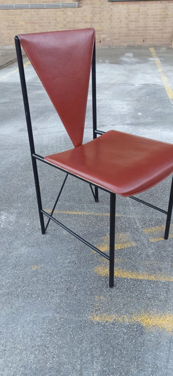 Image 1 of 4 x Vintage Postmoderne Leren Eetkamerstoelen