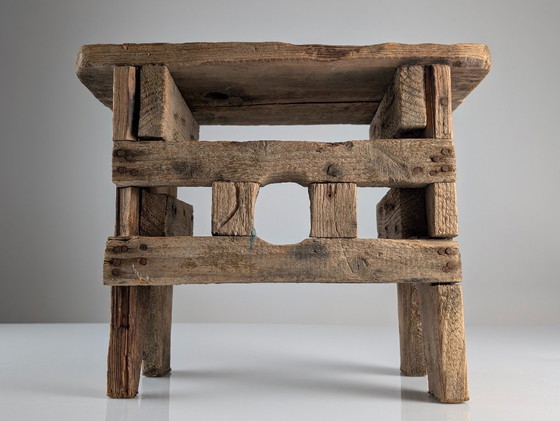 Image 1 of Antique Wood Stool, Wabi Sabi Style, Old Artisan Craftsmanship