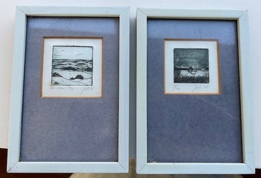 2 Small Etchings In Blue Frame