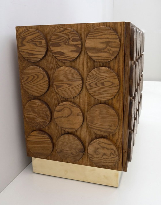 Image 1 of Brutalist Italian Chestnut Wood and Brass Bar Cabinet, 1970s