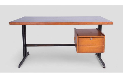 Image 1 of Houten bureau in industriële stijl met laden en metalen structuur, jaren 2000