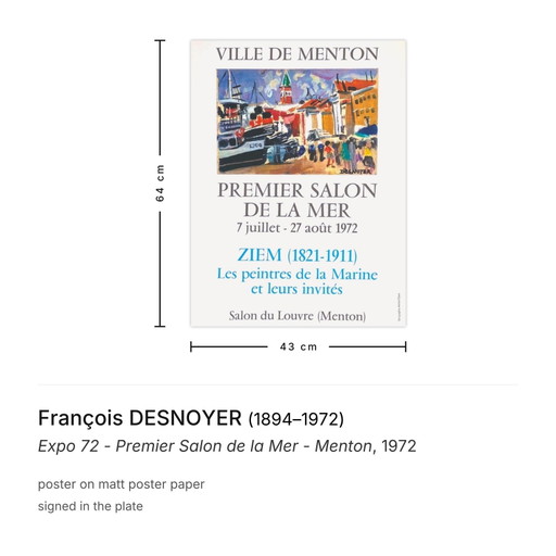 François DESNOYER Expo 72 - First Maritime Exhibition - Menton poster 1972