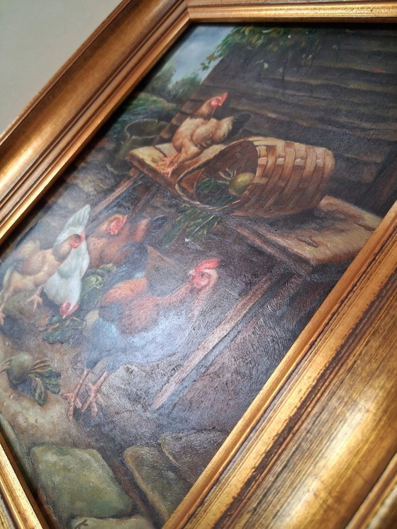 Image 1 of ORIGINAL Ölgemälde auf Holzplatte inkl. Rahmen | Hühner/Bauernhof | Signiert
