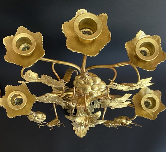 Image 1 of Candélabre ecclésiastique français ancien à motifs de raisins et de blé, 5 lumières, 49 cm