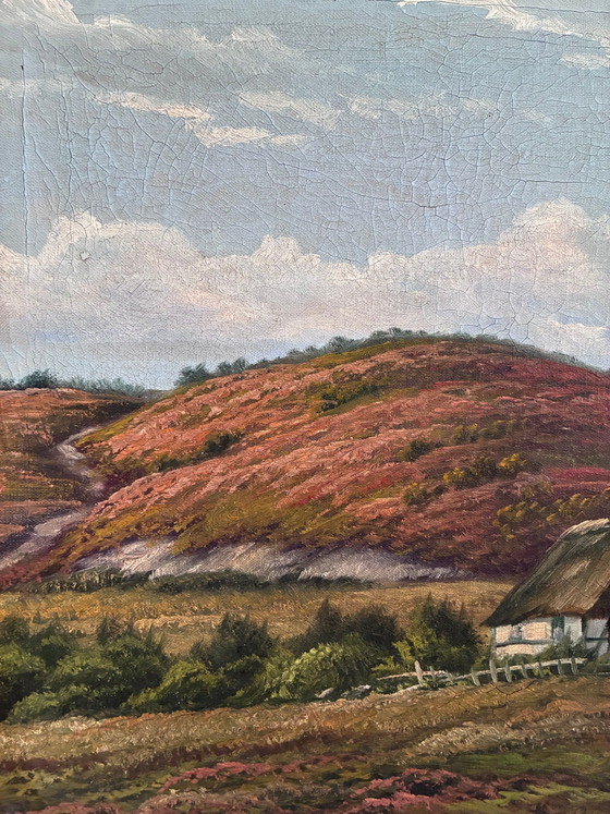 Image 1 of Peinture à l'huile originale ancienne représentant un paysage de campagne, signée.