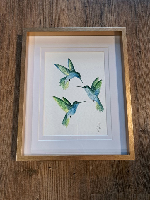 Aquarellgemälde Kolibris Grün mit Blau | Mit Rahmen