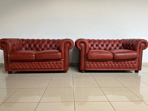 English Chesterfield Sofa Pair – Paprika Leather (Premium Restoration, Rare Colour)