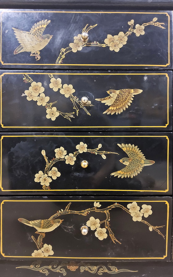 Image 1 of Vintage Chinese Sideboard / Lacquer Cabinet (Black / Birds) Bohemian / Oriental Chest of Drawers