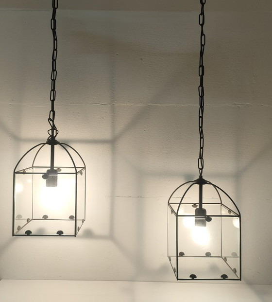 Image 1 of Ensemble de lampes suspendues rétro Amedi en verre/métal des années 90 (1 grande/double) 2 simples.