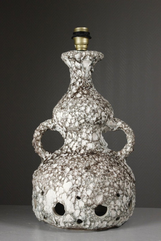 Image 1 of Grote, dikke keramische lampvoet in lavavorm, brutalistisch ontwerp, dubbele verlichting, jaren 70