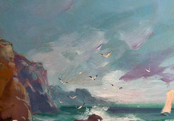 Image 1 of Original Oil Painting Coastal Sea Landscape Seagulls flying over the sea