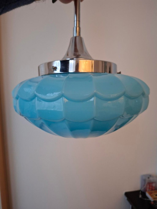 Lámpara colgante Art Déco vintage con cristal azul.